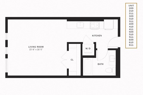 Floor plan for studio, 1 bath, 518 sqft